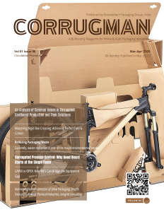 Corrugman magazine cover showing cardboard box with green tape